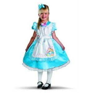 Alice IN Wonderland Movie Girl Costume Deluxe Girls Size S 4 to 6X plus tights